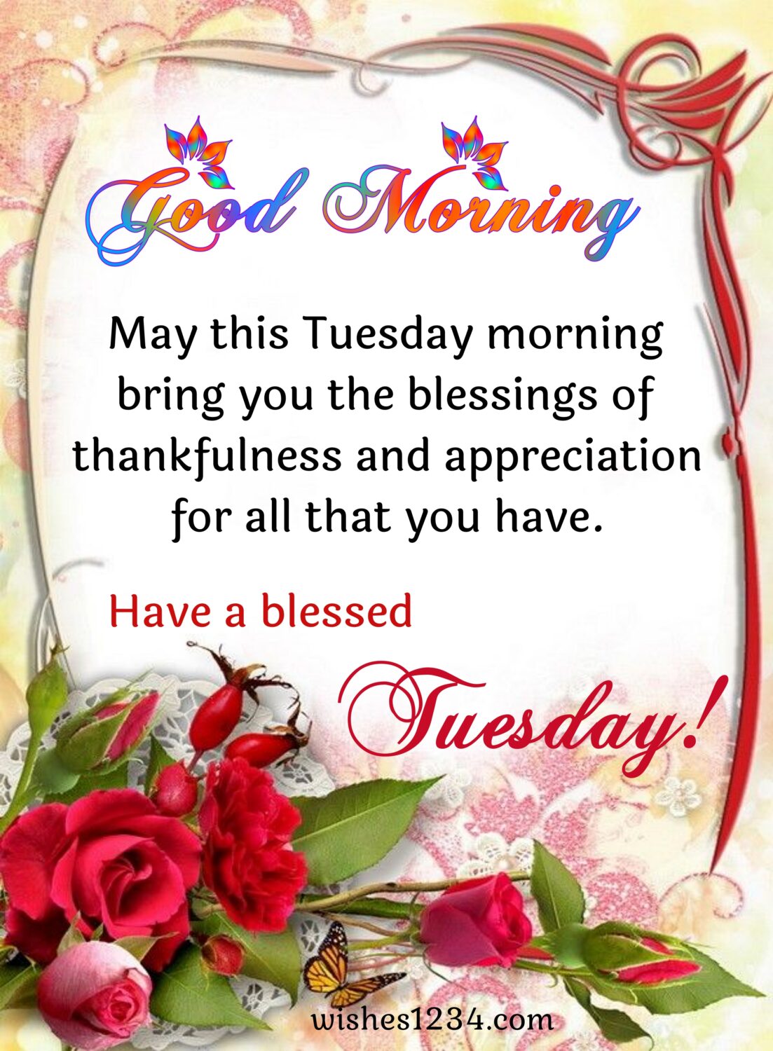 Tuesday blessing with Rose flower border, Good Morning Tuesday.