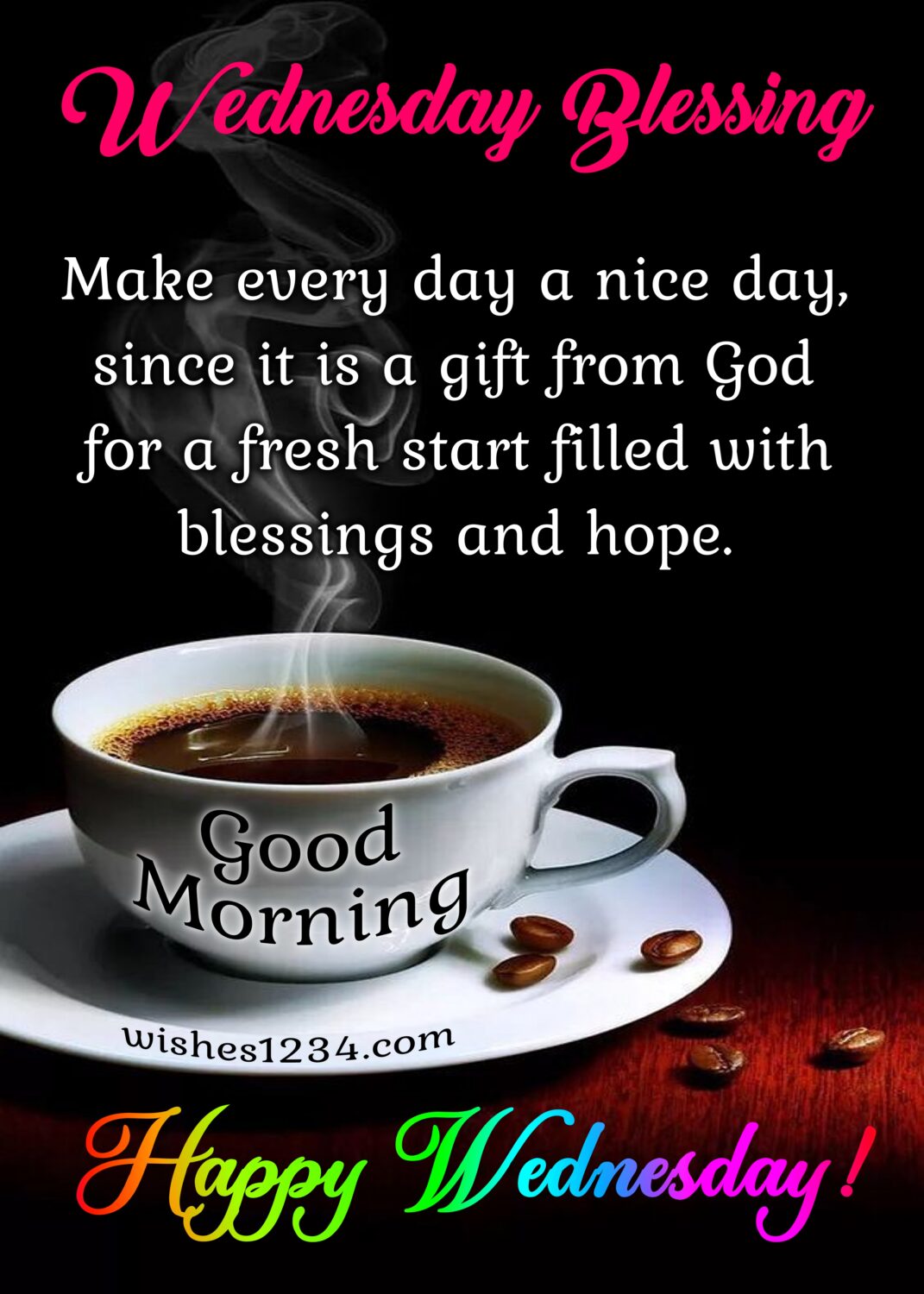 Wednesday blessings with white coffee cup, Happy Wednesday.