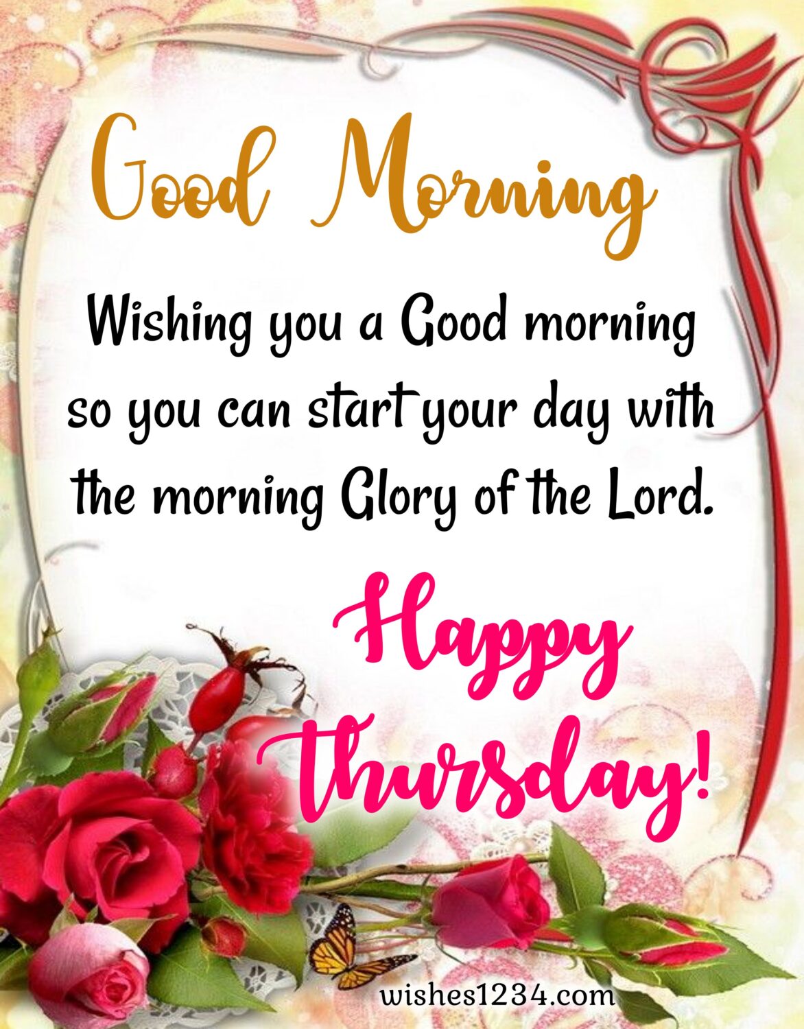 Good morning Thursday with red roses border, Thankful Thursday quotes.