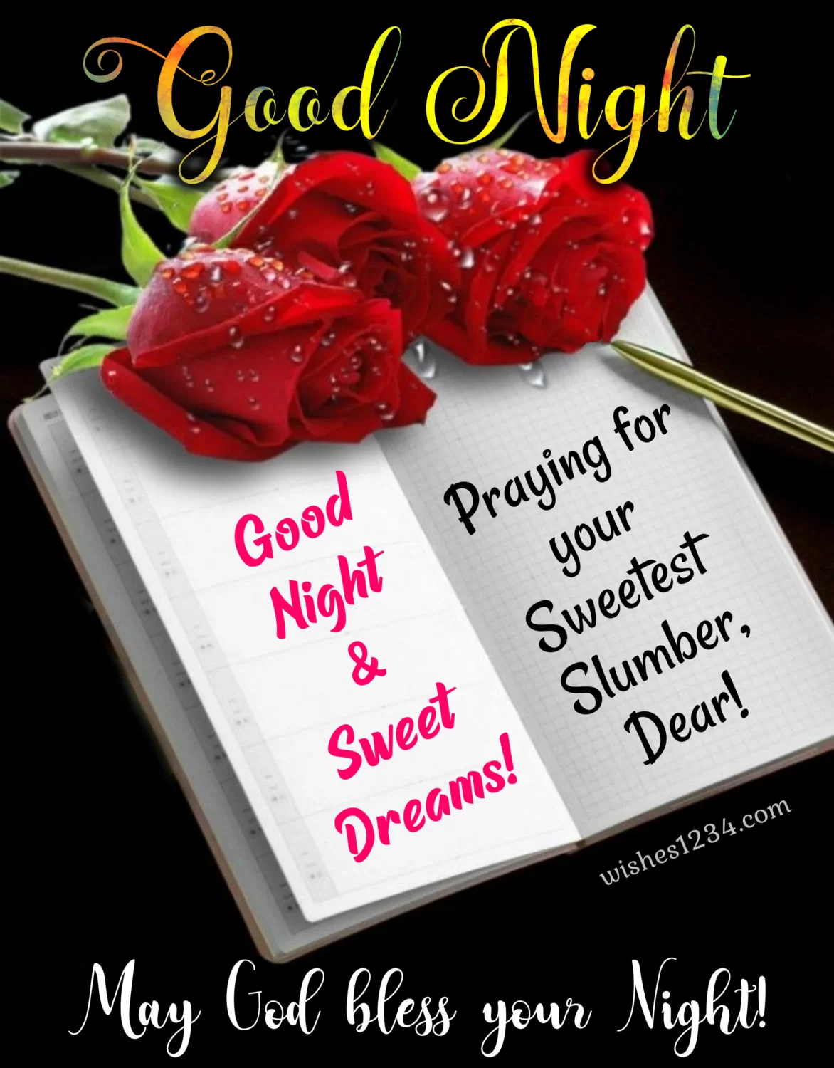 Good night blessing on note book with red rose, Good Night Images.