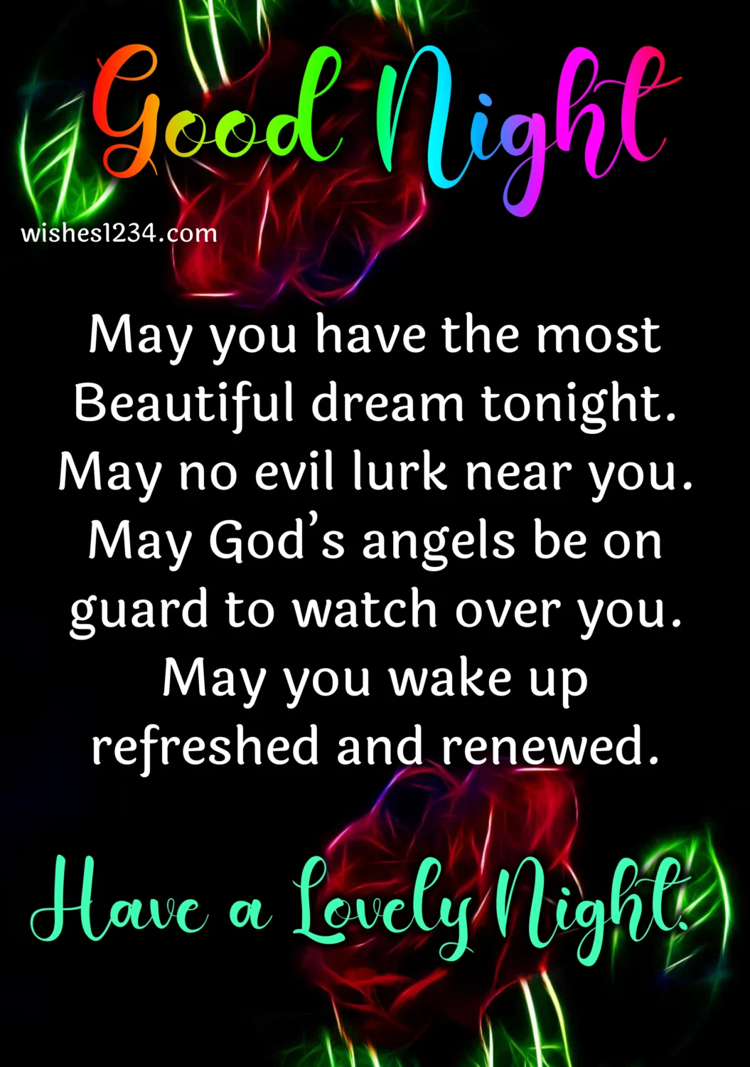 Good night blessings with red roses neon, Good Night Prayer Message.