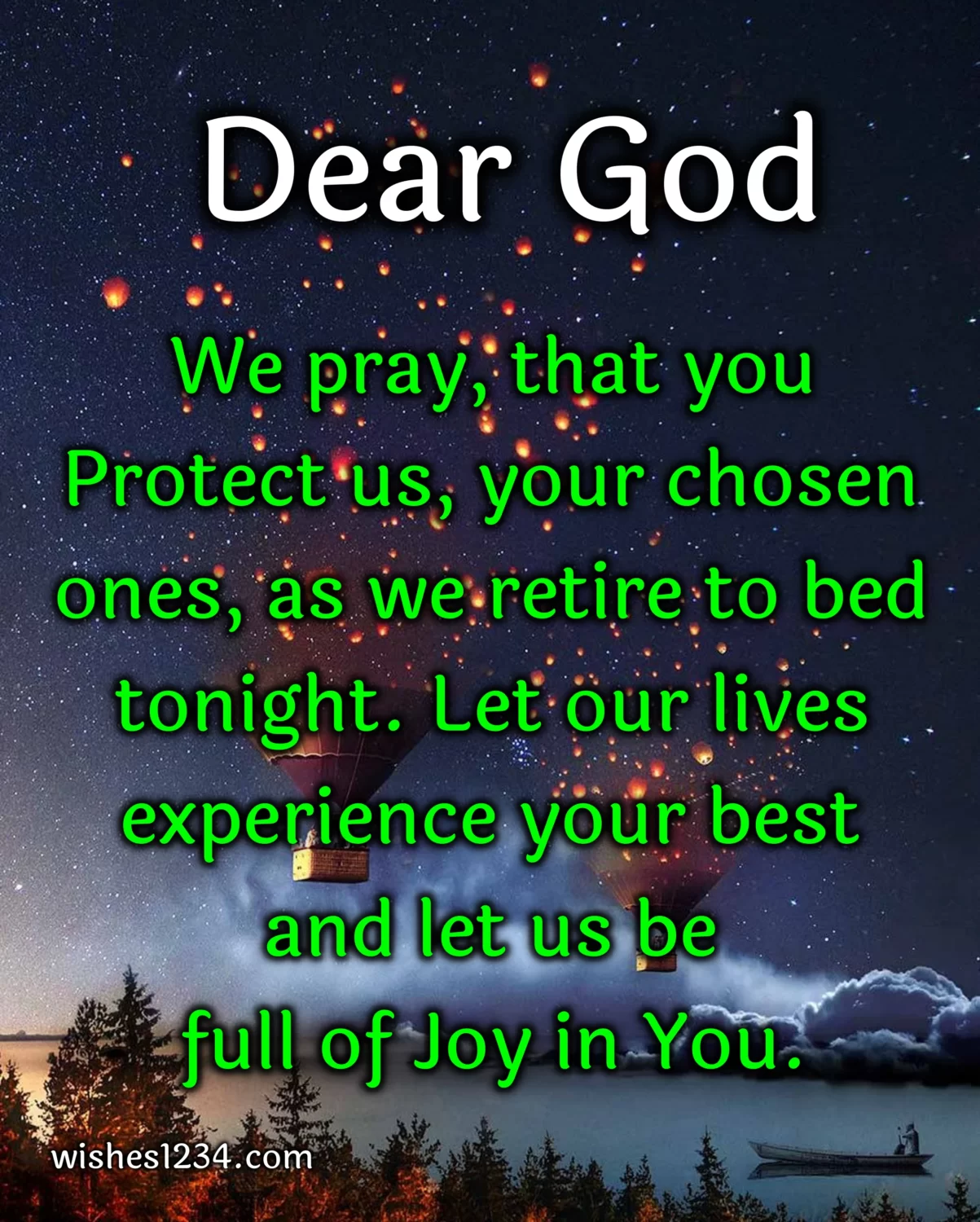 Good night prayer with hot air balloons in background, Good Night with Quotes.