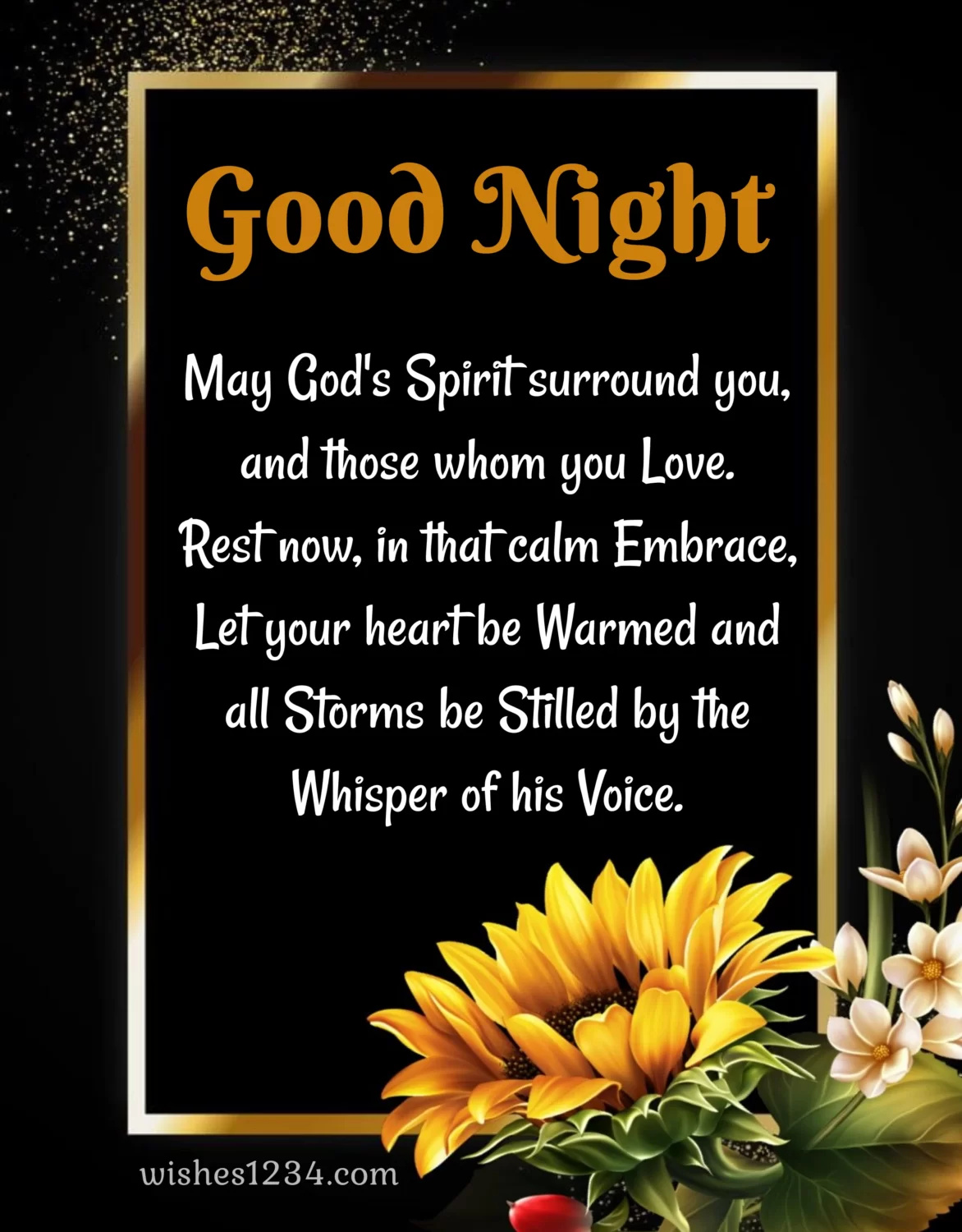 Good night wishes with golden border and sunflower background, Good Night Blessings.