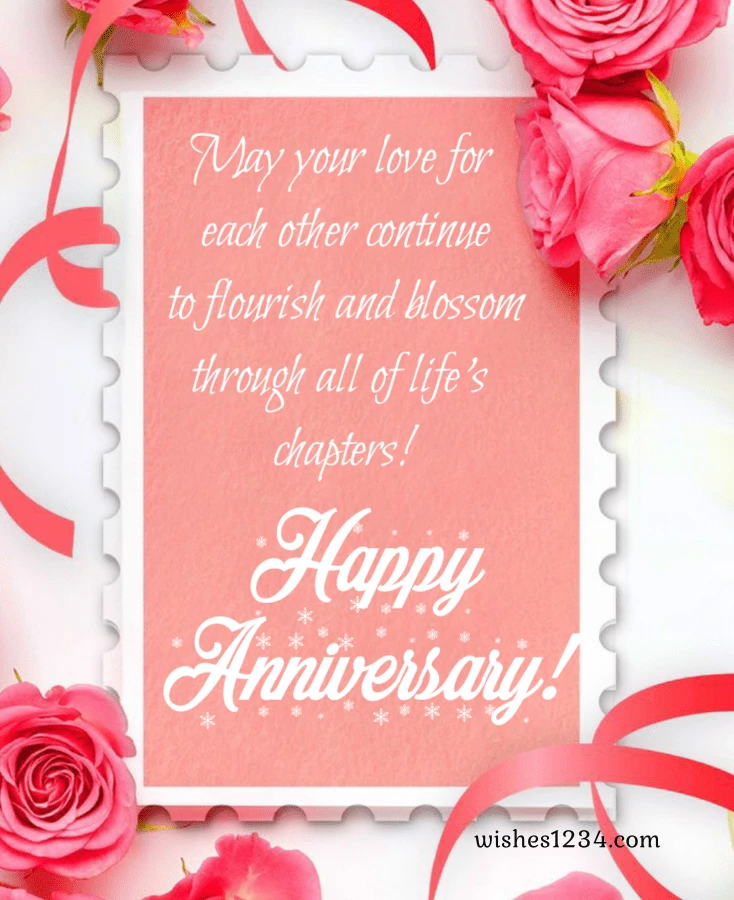 Greeting card with pink roses, Happy Wedding Anniversary.