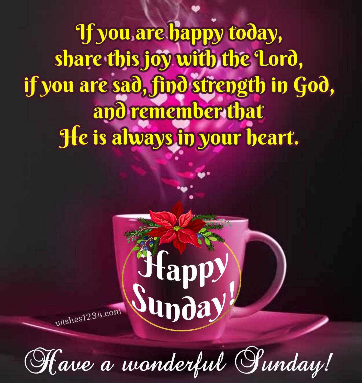 Happy Sunday blessings with purple tea cup, Happy sunday.