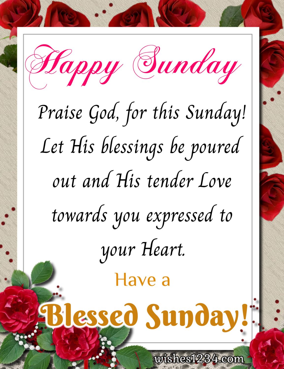 Happy Sunday with red roses border, Sunday Blessings Quotes.