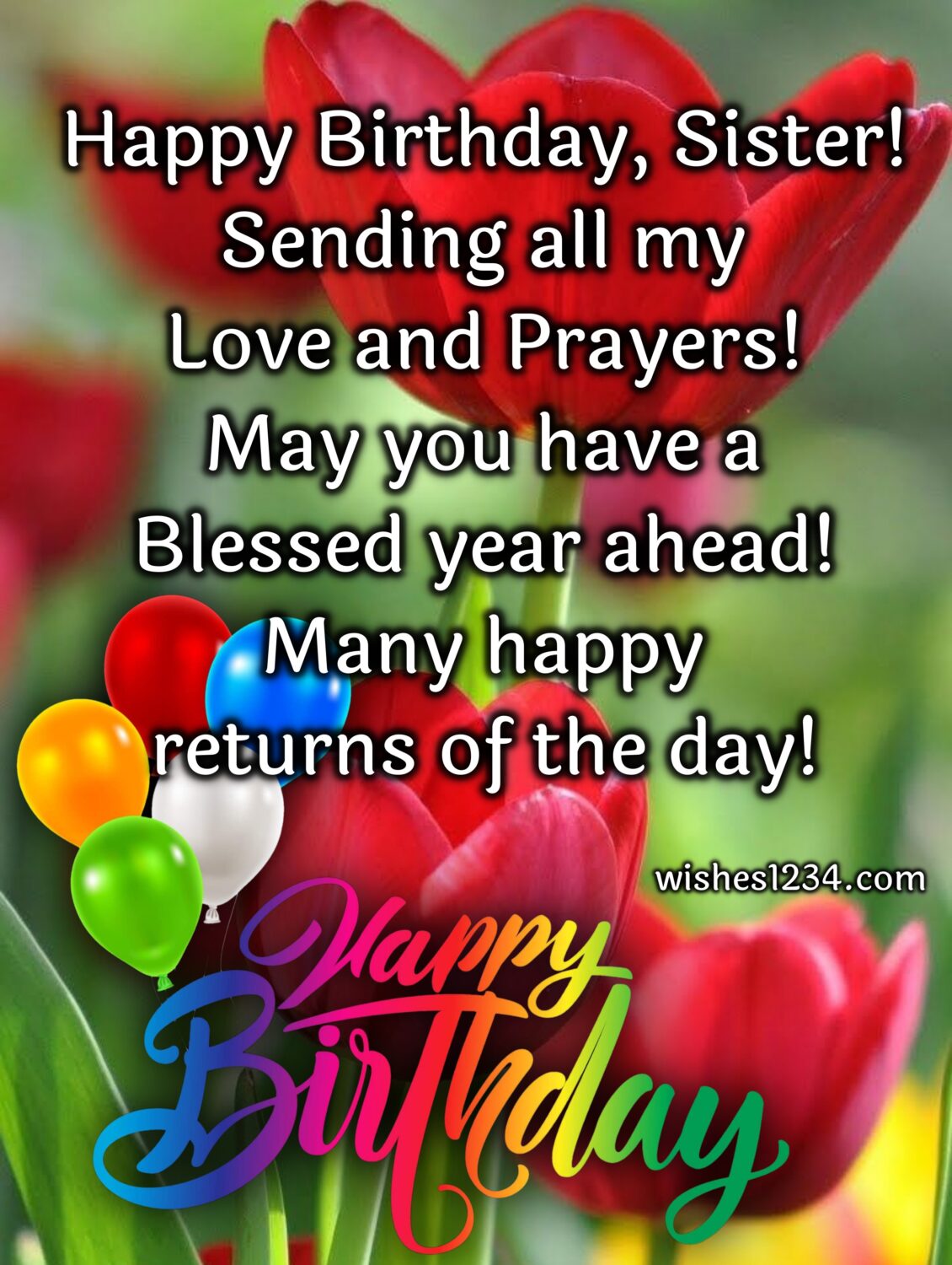 Happy birthday sister blessings with red tulips, Wishes for Sister birthday.