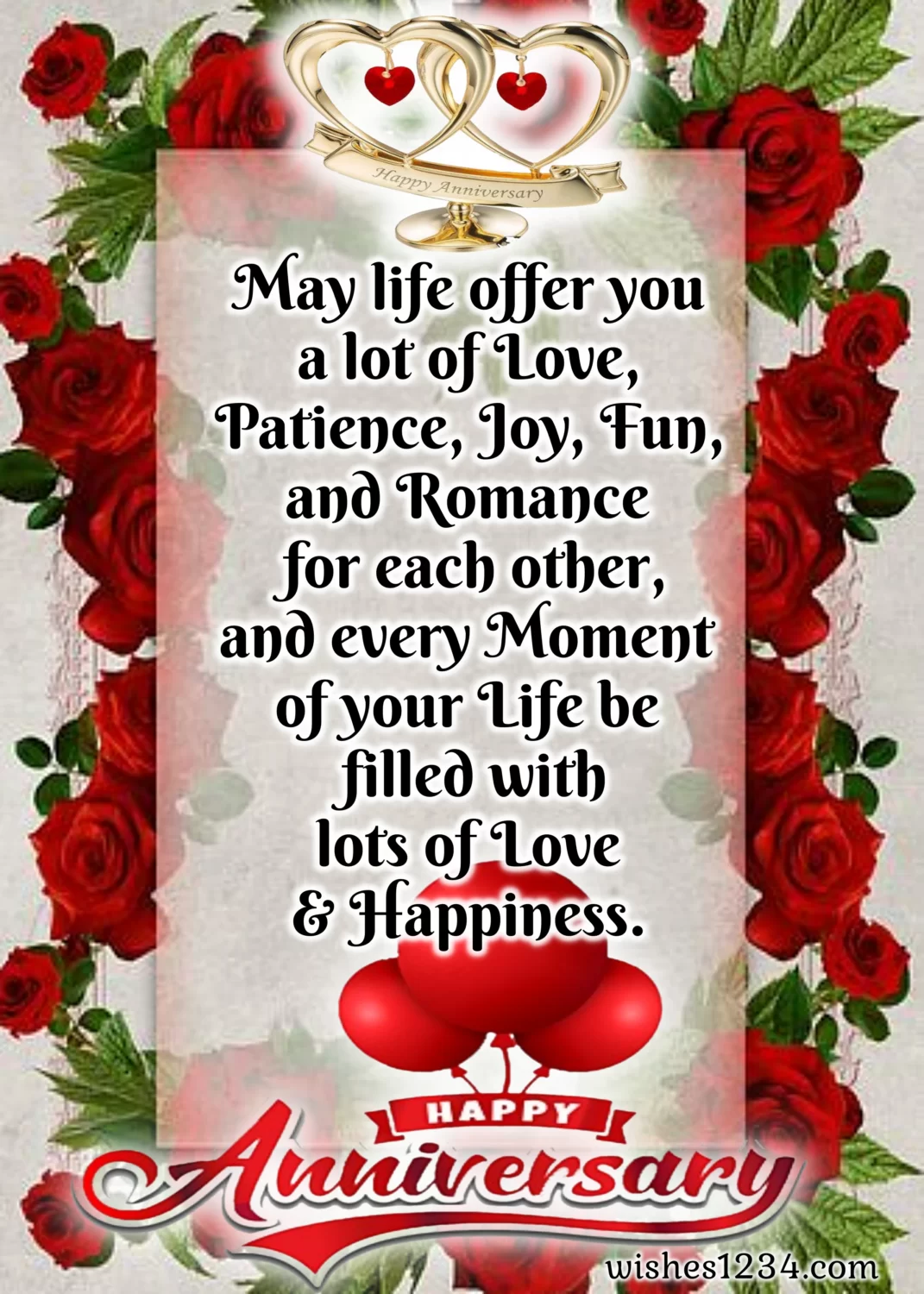 Happy wedding anniversary with rose flowers background, Three red roses with two white hearts, Wedding anniversary quotes, Anniversary Wishes.