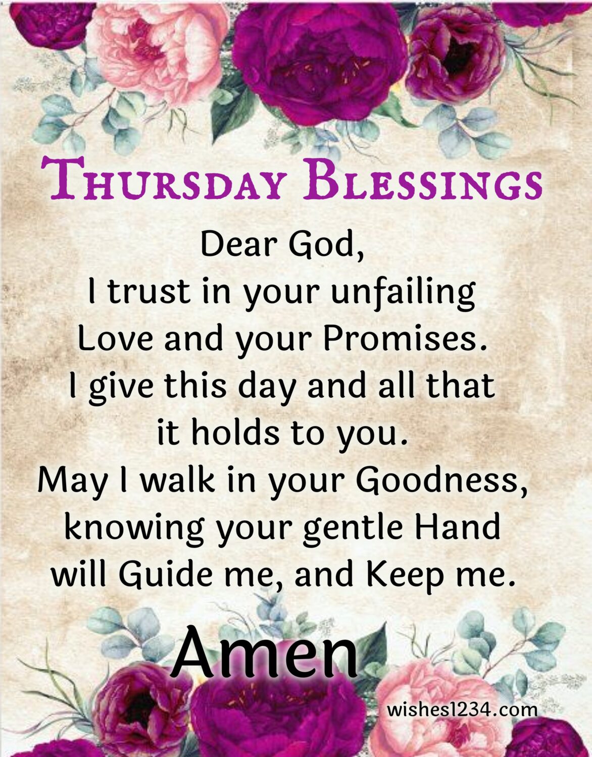 Thursday prayer with purple roses background, Thursday Blessings Family and Friends.