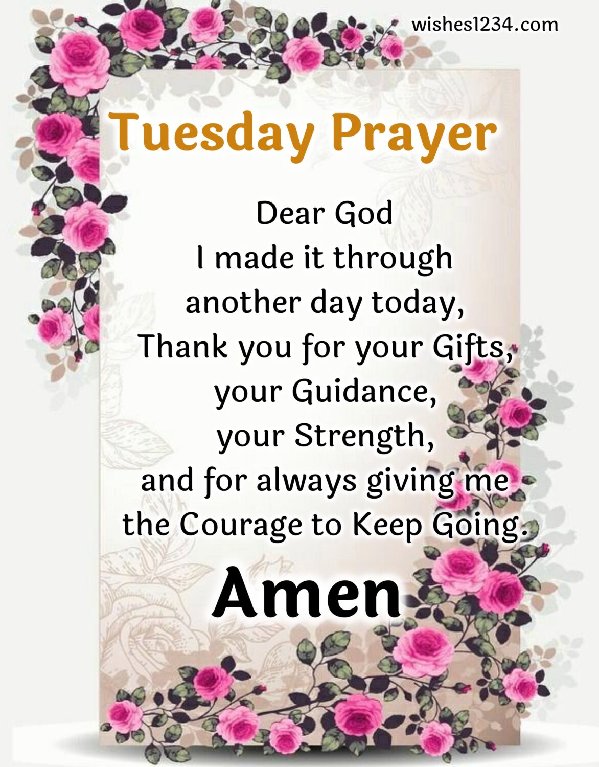 Tuesday prayer with pink roses background, Tuesday Prayers.