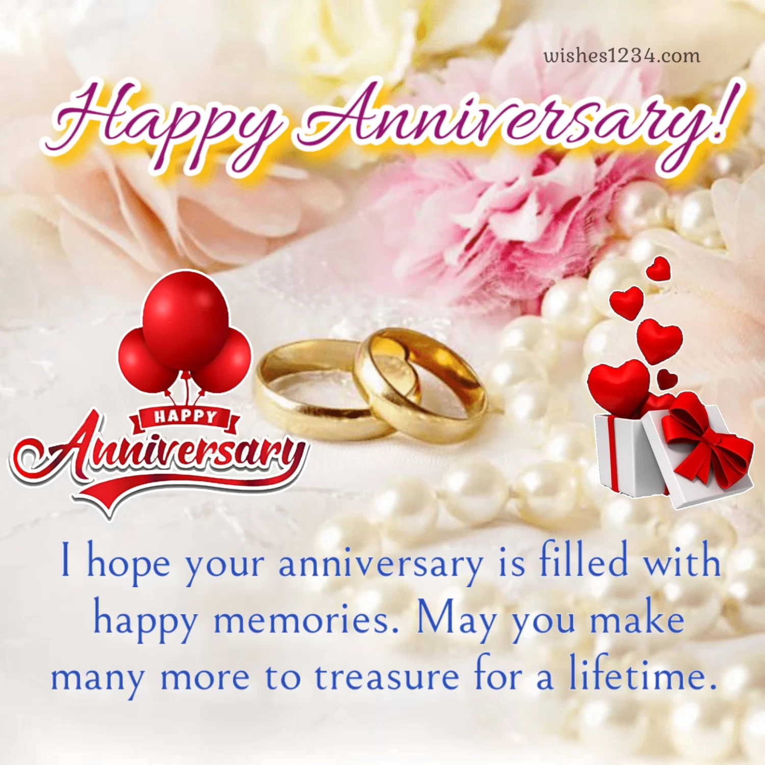 Two wedding rings with pearls and flowers, Wedding anniversary quotes, Marriage Anniversary Wishes.