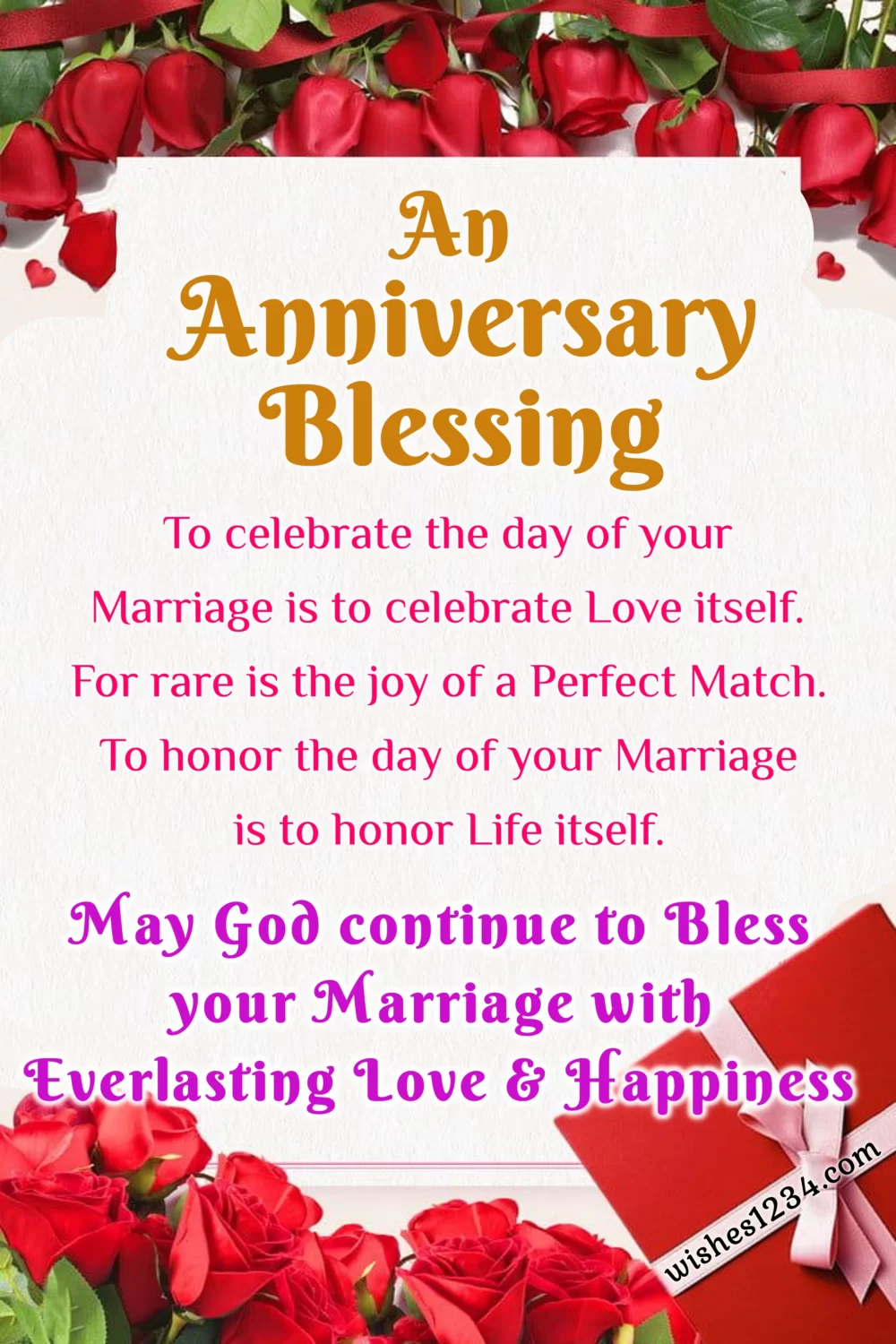 Wedding anniversary blessing with red roses background, Anniversary Quotes.