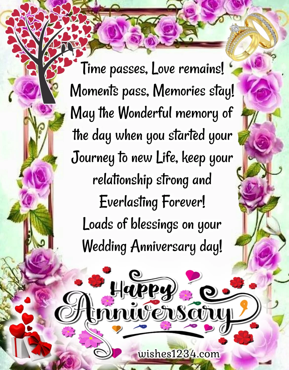 Wedding anniversary greeting with pink roses border, Anniversary Wishes.
