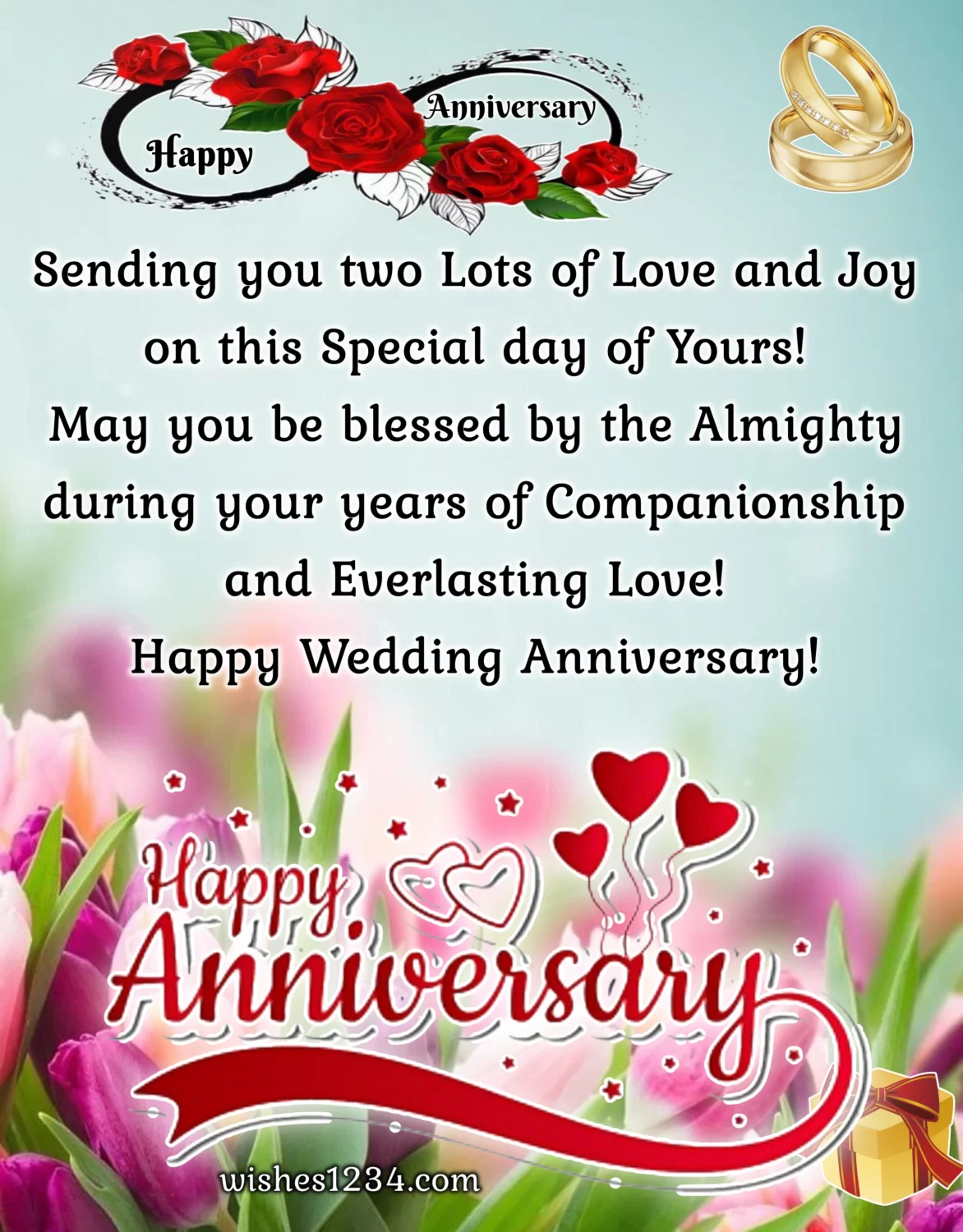 Wedding anniversary greeting with pink tulips, Wedding Anniversary Quotes for Friend.