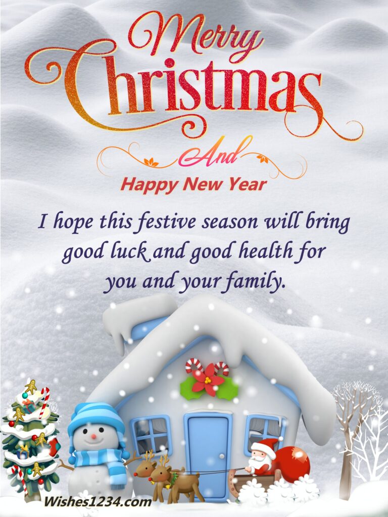 Snow house with snow man and cristmas tree image, Merry Christmas and Happy New Year.