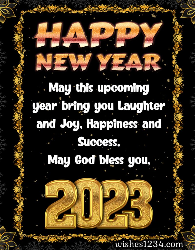 Happy new year wishes with black background with golden border, Happy New Year Wishes.