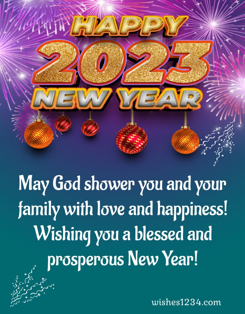 Happy new year wishes with violet firework background, Happy New Year Wishes.