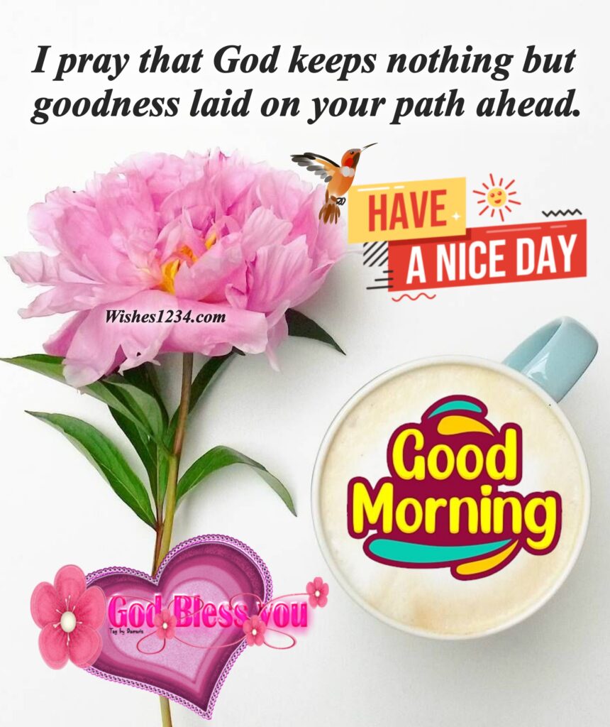Good Morning Short Quotes, Pink flower with coffee cup saucer.