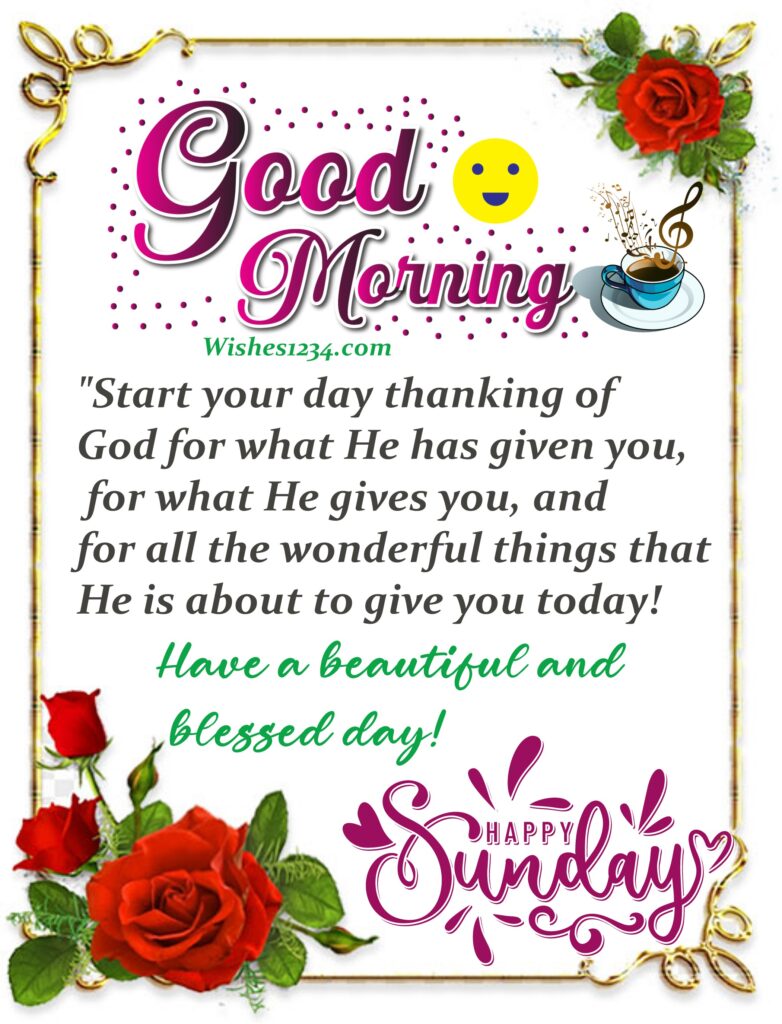 Beautiful Good Morning Sunday Quotes with Red roses on golden frame.