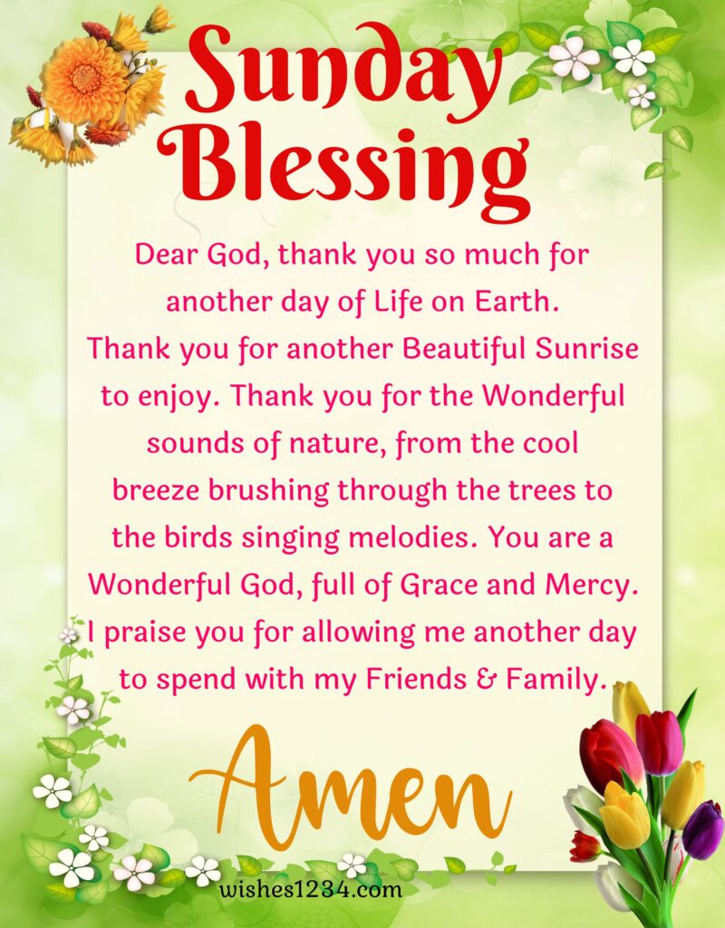 Sunday blessing with spring flowers background.