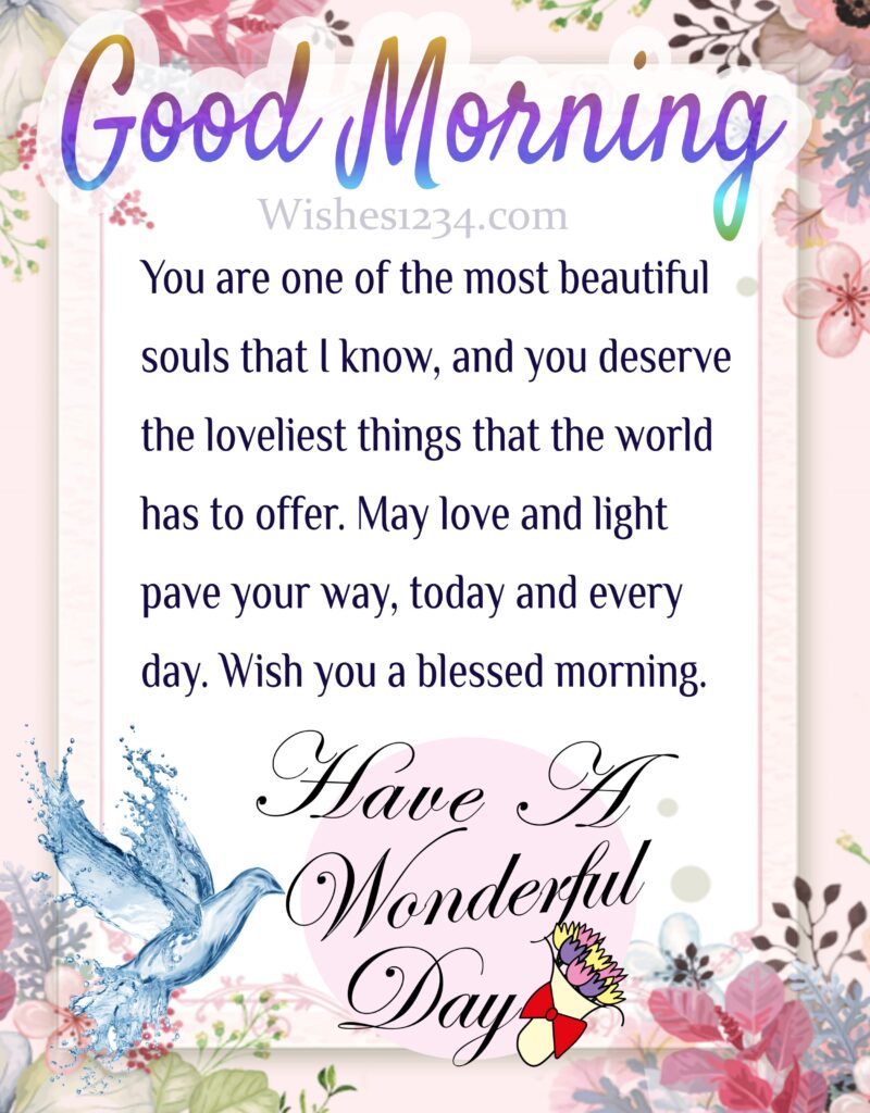 Beautiful morning message with Flowers border on pink wallpaper.