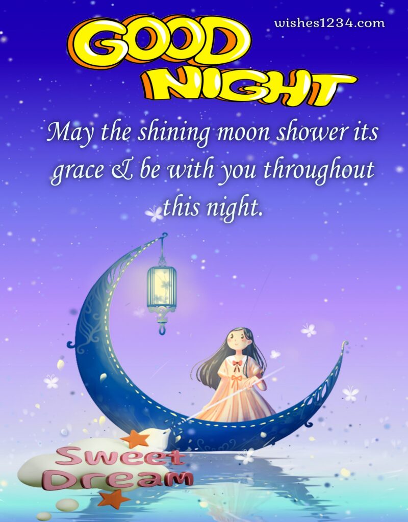 Good night wishes Girl standing on moon image.