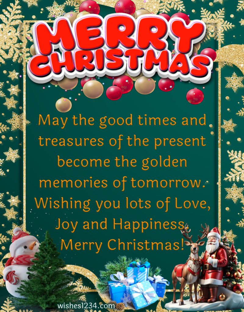 Merry Christmas image with golden snowflakes.