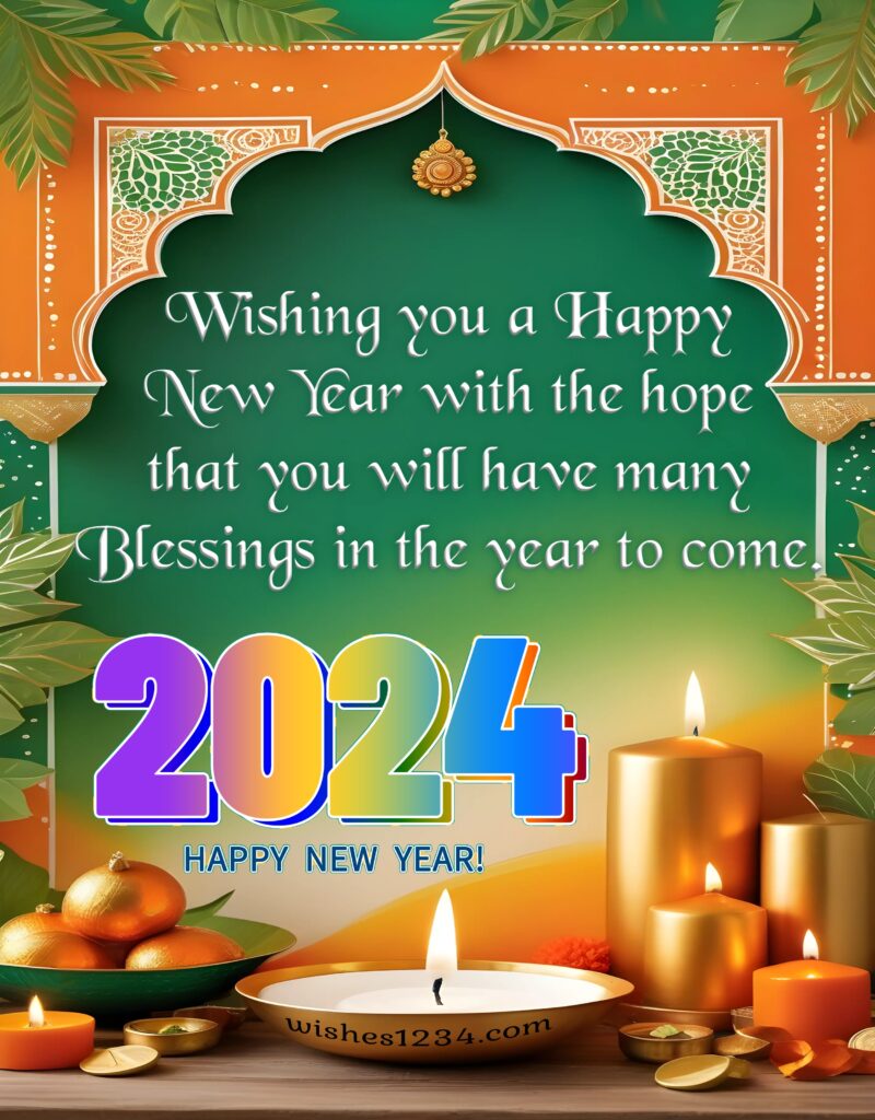 New year 2024 image with arch and diya.