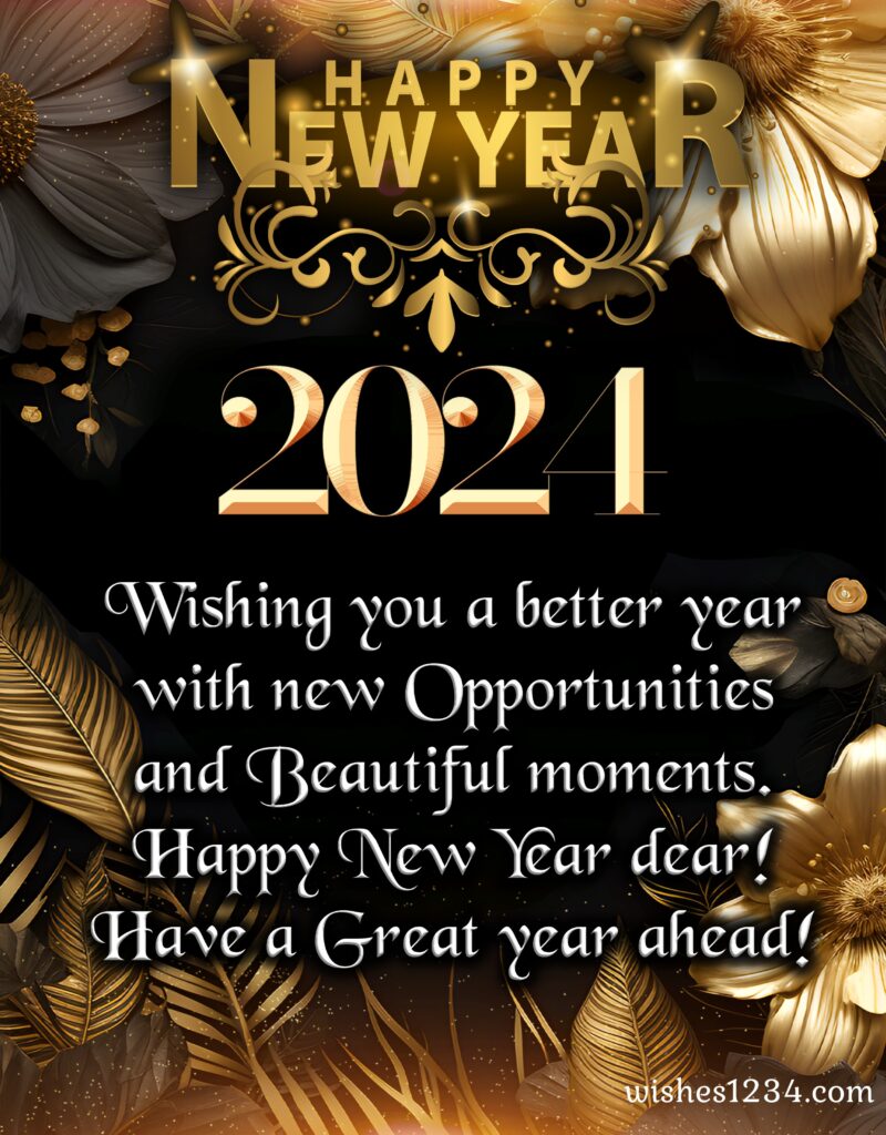 New year 2024 wishes with golden flowers.