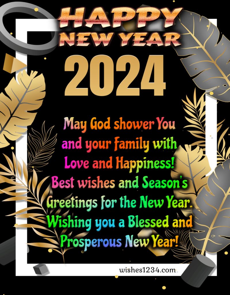 New year greetings with golden leaves background.