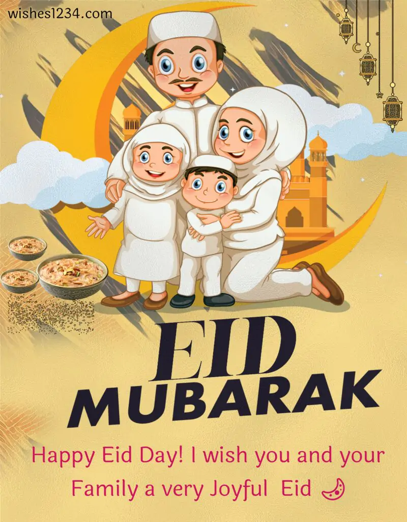 Parent and kids with Eid Mubarak wishes.