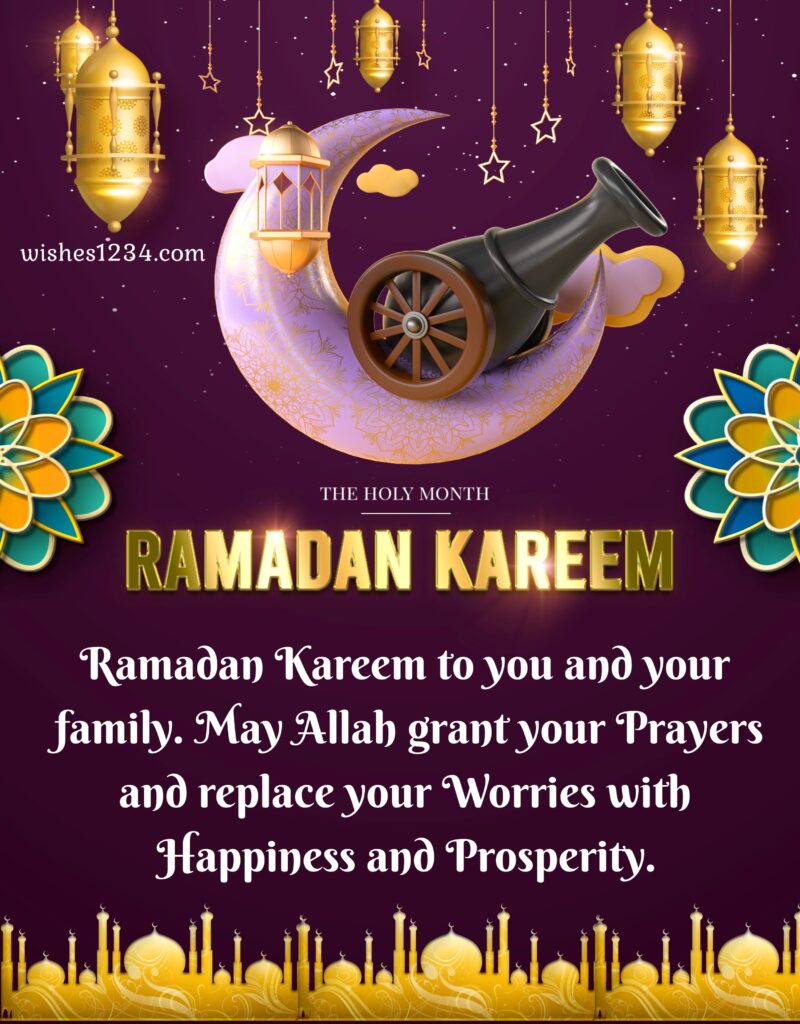Ramadan Greetings with Lamps and mosque background.