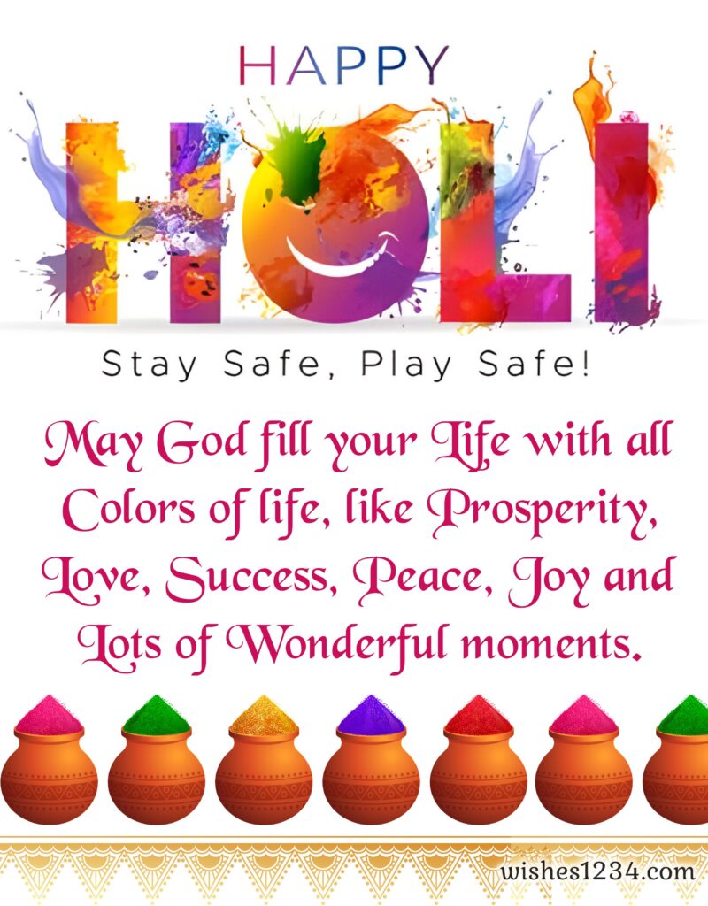 Happy Holi message with colorful objects.