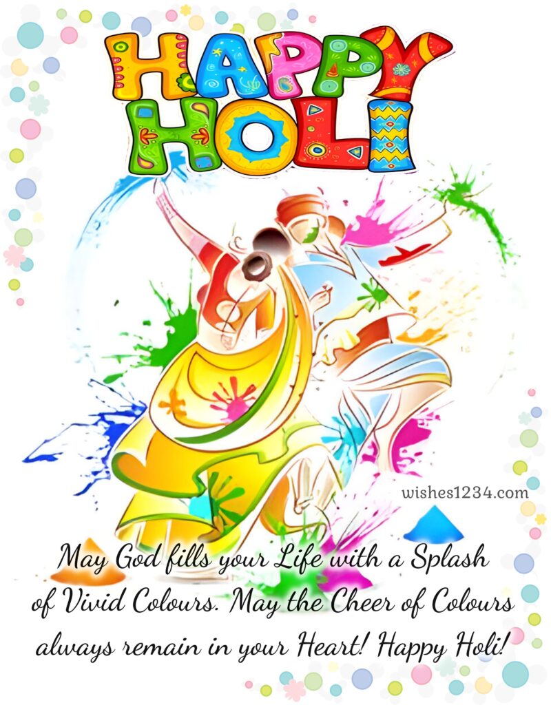 Holi celebration with dancing couple and colors.