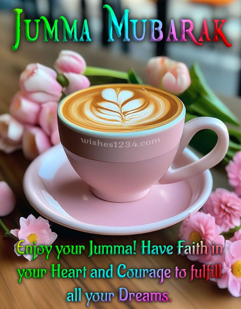 Jumma Quote and Pink cup with latte coffee.
