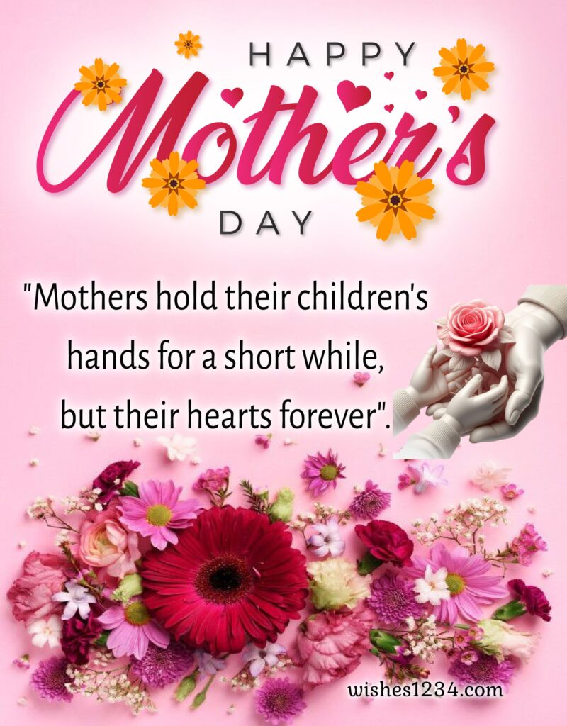 Mothers day pink flowers image with hands.