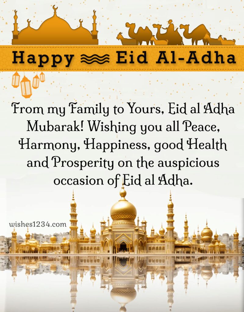 Eid ul adha greetings with golden mosque.