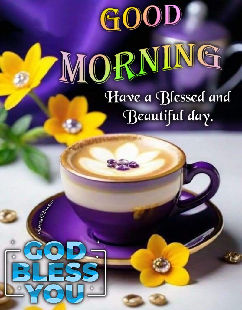 Good Morning beautiful image with purple tea cup saucer.