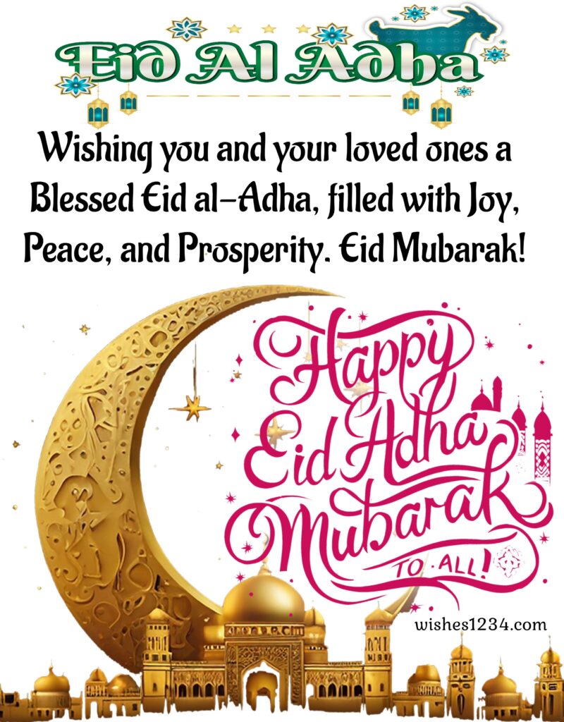 Happy Eid al Adha mubarak image with golden mosque.