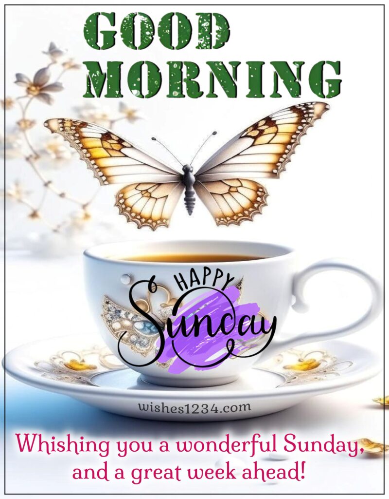 Happy Sunday wishes with white cup and butterfly.