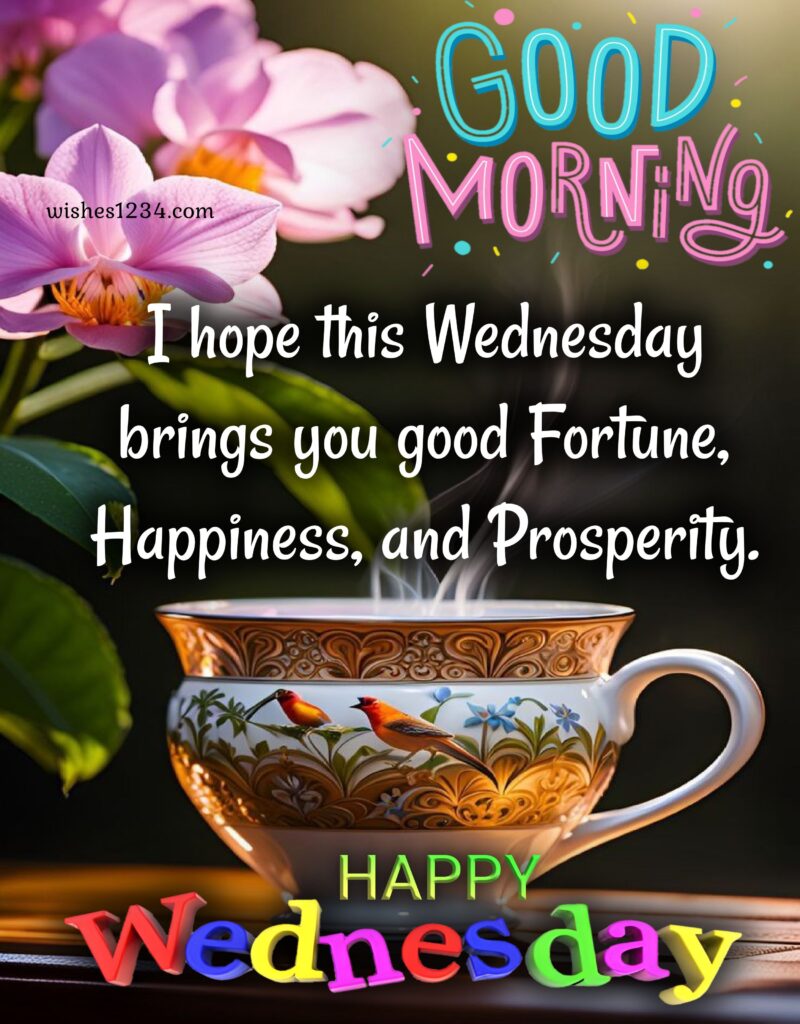 Happy Wednesday image with beautiful tea cup and flowers background.
