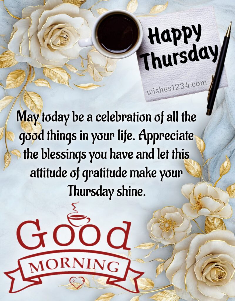 Happy Thursday Wishes on golden roses background