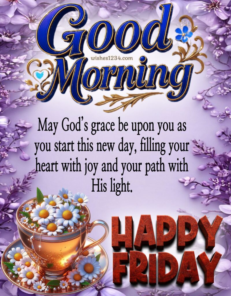 Happy Friday Morning image with purple flowers background.