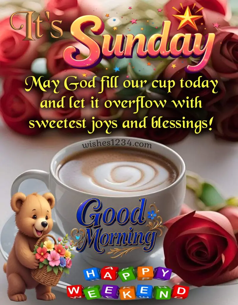 Happy Sunday red roses and coffee cup background