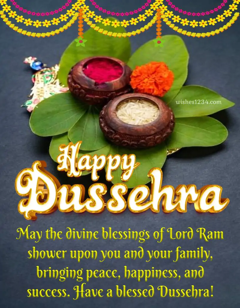 Dussehra image with apta leaves and haldi kumkum.