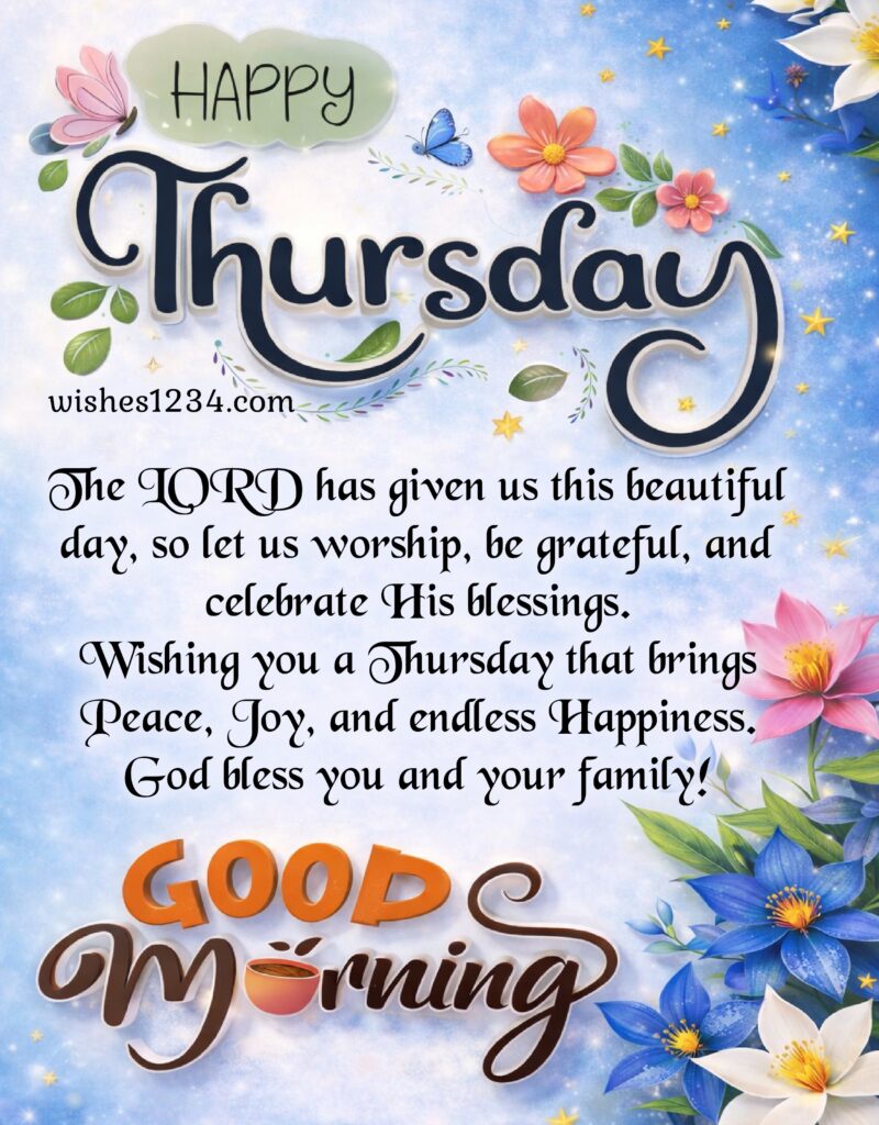 Happy Thursday Blessings with blue background.