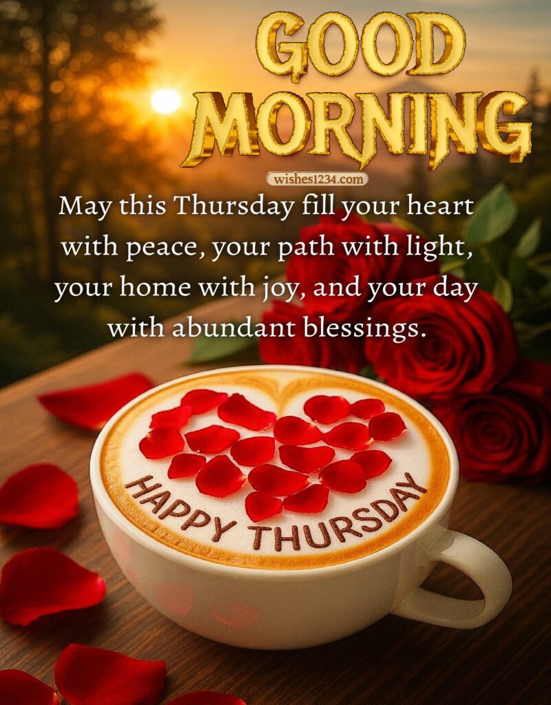 Happy Thursday image with coffee cup and roses.