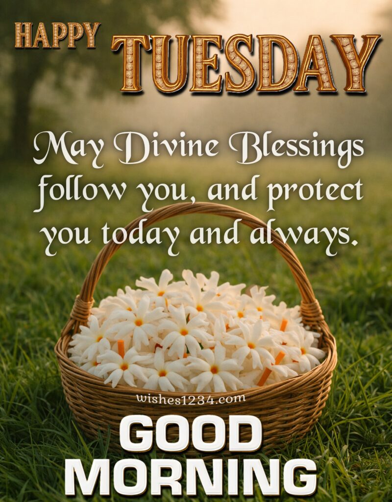 Happy Tuesday Blessings Quotes with flower basket.