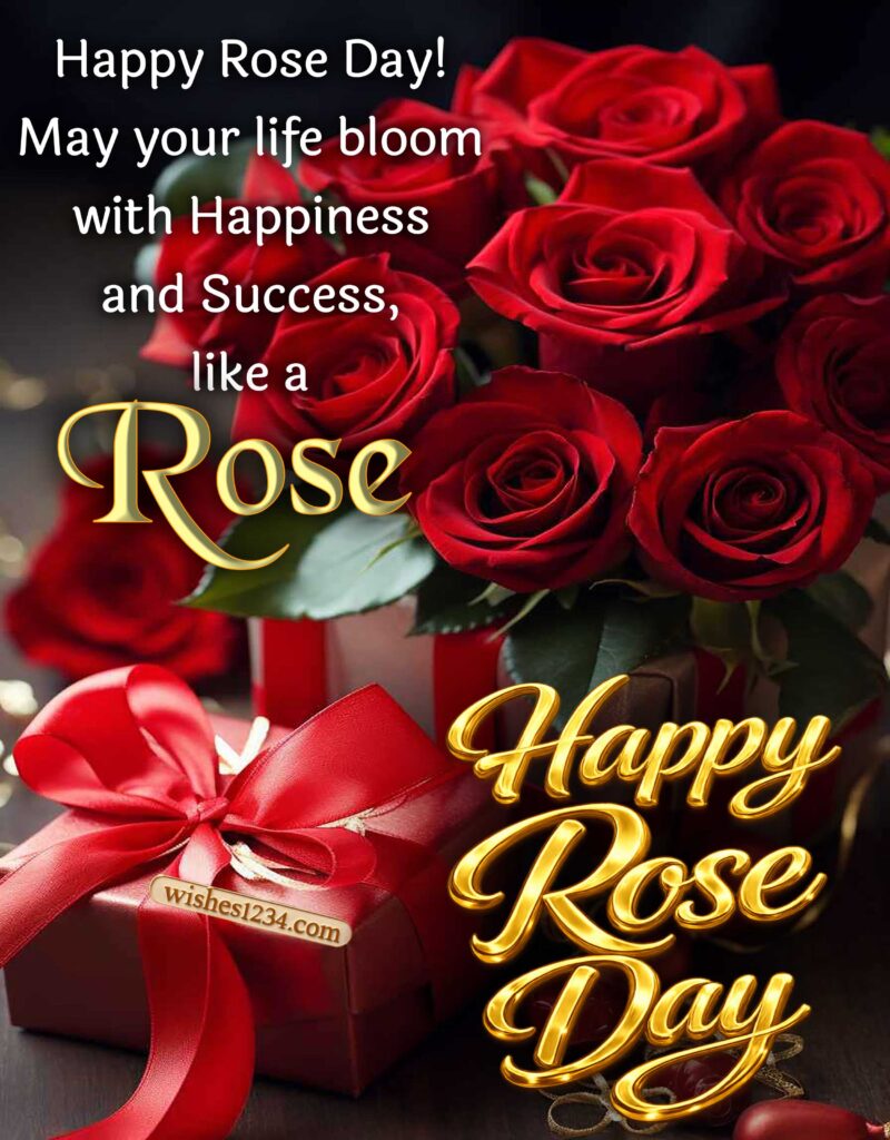Happy Rose Day image with red roses and gift background.