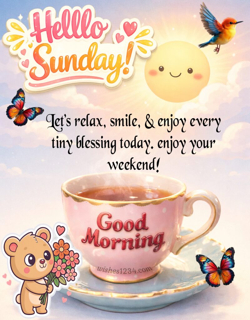 Happy Sunday quote on tea cup image.